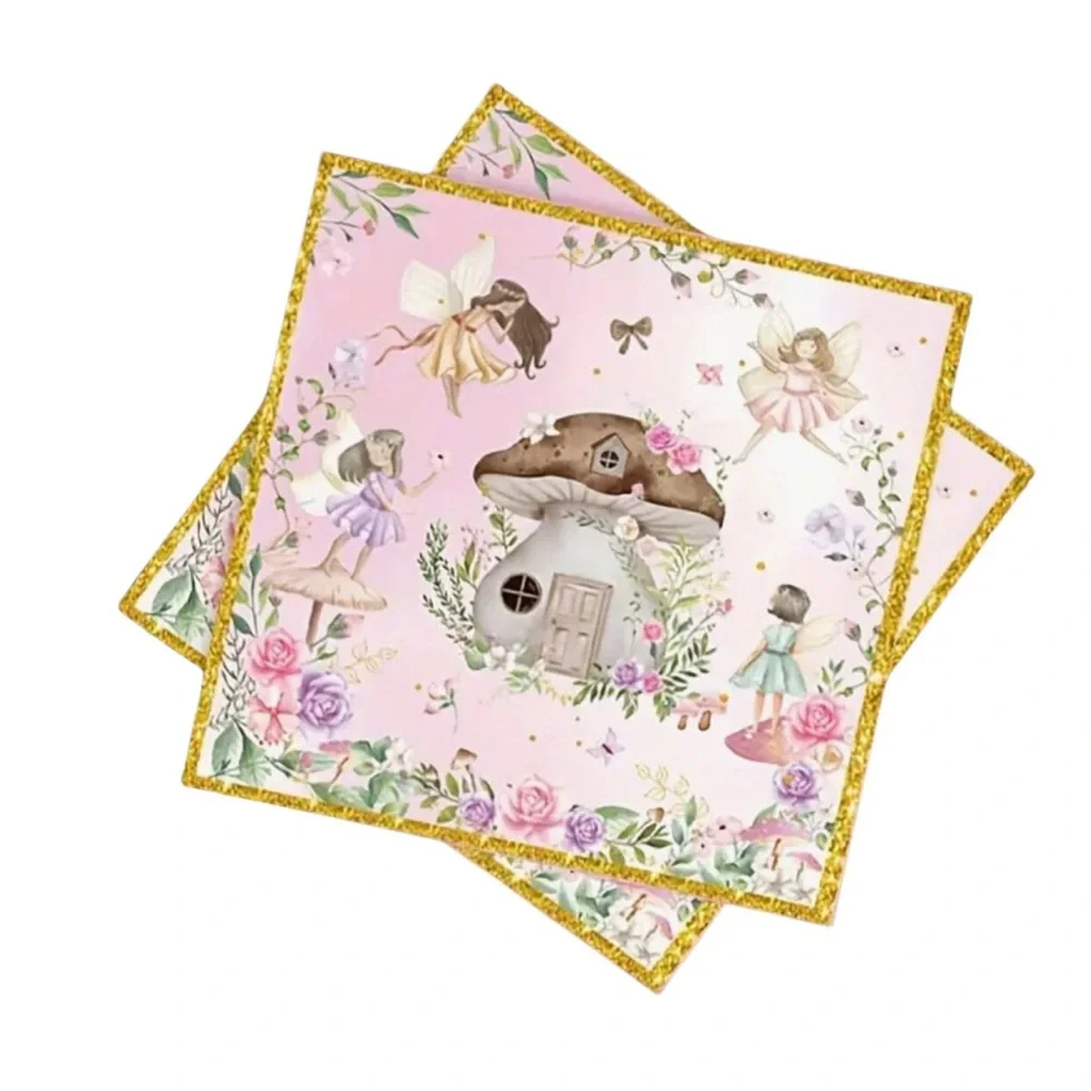 Fairy Garden Mushroom Forest House Paper Napkins with Gold Trim, 20pcs